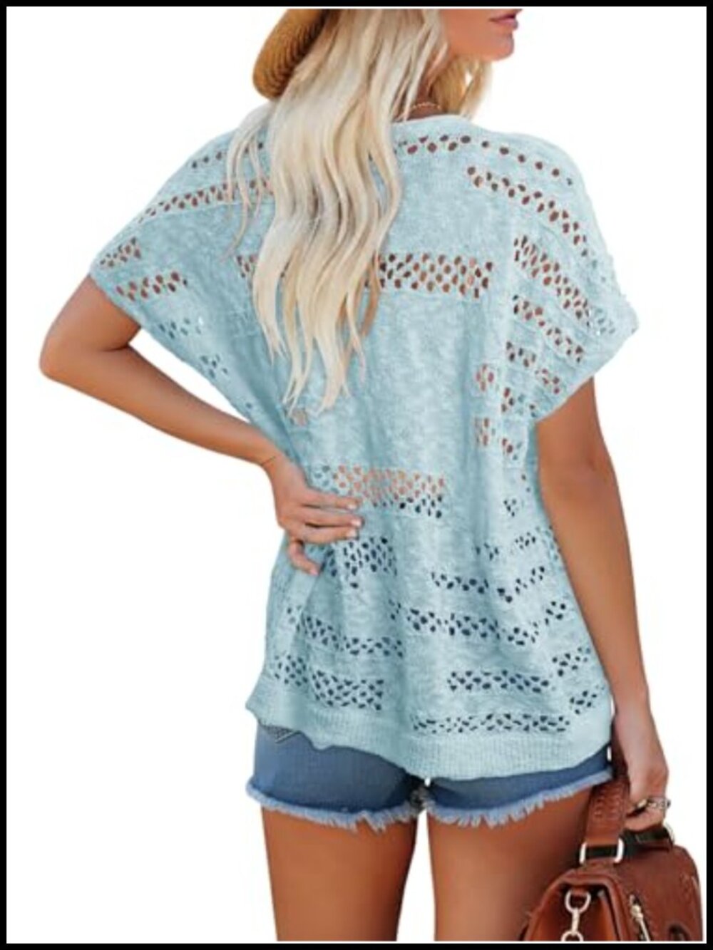 Women Crochet Cardigan Short Sleeve Knit Open Front Sweater V-Neck - Picture 5 of 6